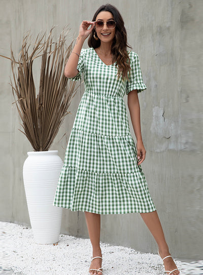 Summer Plaid Print Short Sleeve Dress