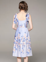 Bow Tie Strap Print Blue Dress