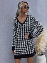 Vintage V-neck Knitted Sweater Dress