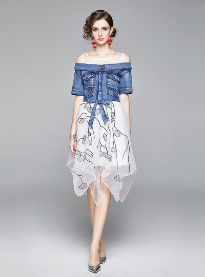 Organza Stitching Denim Dress