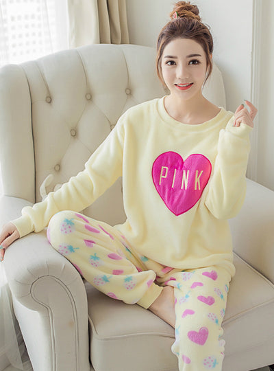 Pink Heart Pyjamas Sets Thick Warm Coral Velvet Suit