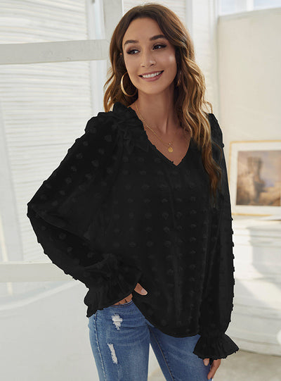 Women V-neck Long Sleeve Chiffon Shirt