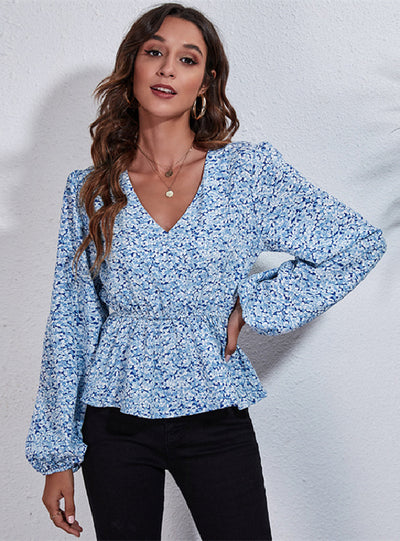 Floral Printed V-neck Lantern Sleeve Top