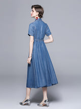 Silk Waistband Short Sleeve Denim Dress