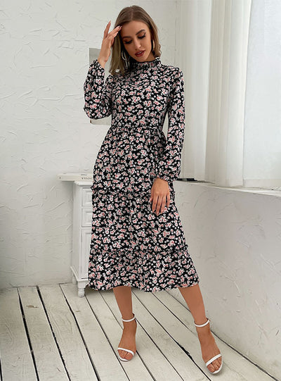 Printed Floral Ear Long Sleeve Dress