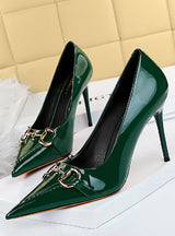 Bright Patent Leather Pointed Metal Buckle Shoes