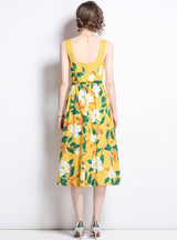 Yellow Sweet Sleeveless Floral Dress