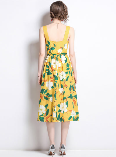 Yellow Sweet Sleeveless Floral Dress