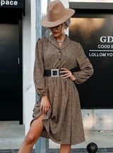 Long Sleeve Leopard Print Button Lapel Dress