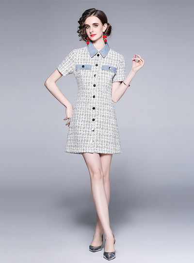 Denim Plaid Short Sleeve Tweed Dress