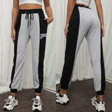 Printed String-drawing Color-contrast Sweatpants