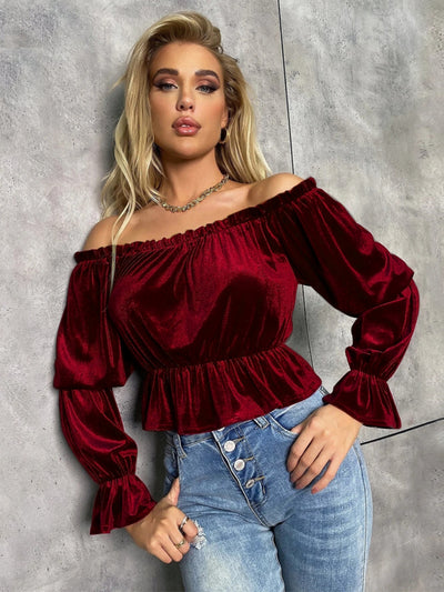 Ruffled Velvet Long-sleeved T-shirt Top