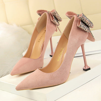 Rhinestone Bow Shallow Suede Pointed Back Shoes