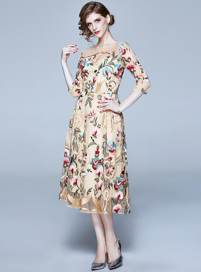 Heavy Wmbroidery Flower Long Dress