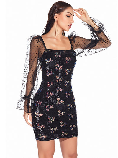 Mesh Long Sleeve Sequined Dress