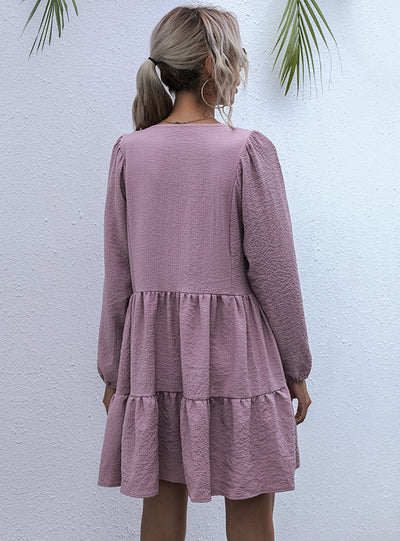 Loose Long Sleeve Pleated Pullover Dress