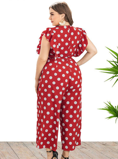 Wide-leg Large Size Ruffles Wavy Spots Jumpsuit