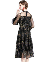 Round Neck Stitching Gauze Embroidery Dress