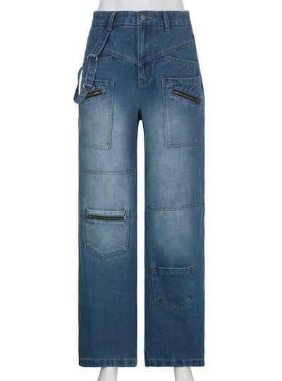 Pocket Zipper Straight Jeans Pants