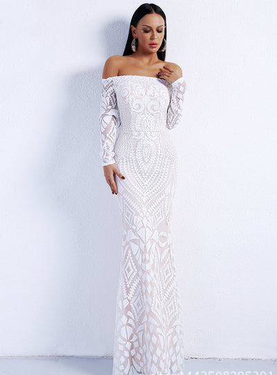 Dress Twill Shoulder Long Sleeve Sequin Evening Dress