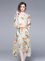 V-neck Chiffon Print Long Sleeve Dress