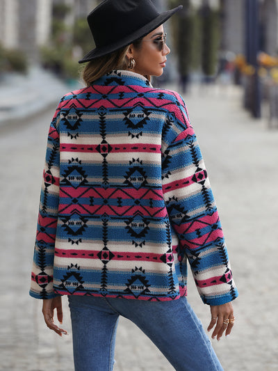 Long-sleeved Geometric Pattern Fleece Jacket