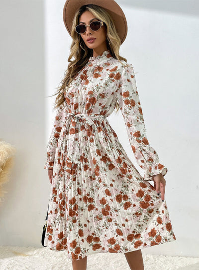 Trumpet Sleeve Floral Long Sleeve Dress