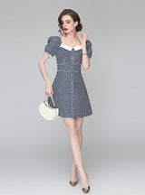 Square Collar Waist Slim Bubble Sleeve Dress