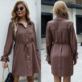 Solid Color Lapel Long Sleeve Shirt Dress