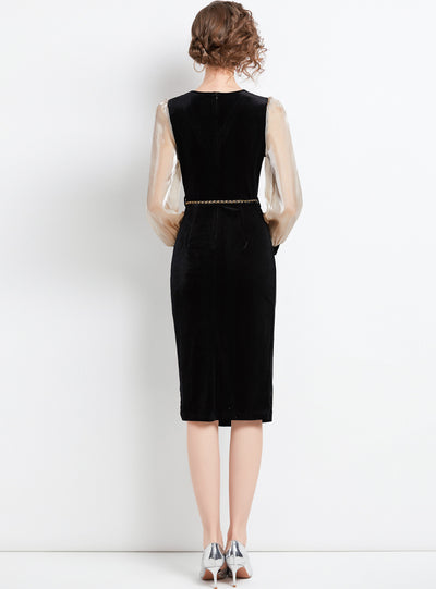 V-neck Split Black Velvet Dress