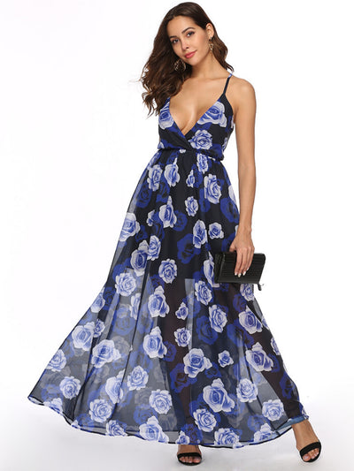 Sexy Backless Chiffon Printed Big Swing Dress