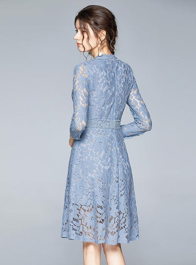 Blue 3/4 Sleeve Collar Openwork Lace Dress