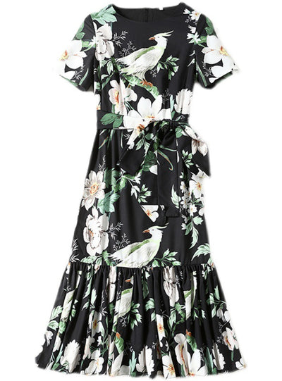 Round Neck Short Sleeve Flower Bird Print Dress