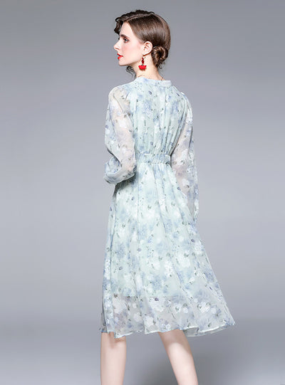 Blue Fairy Floral Chiffon Long Sleeve Dress