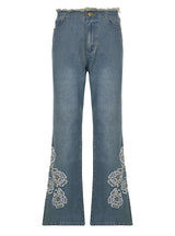 Embroidered Flower Raw Edges Jeans