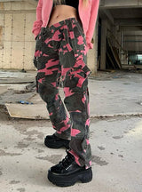 Contrast Camouflage Multi-pocket Denim Trousers