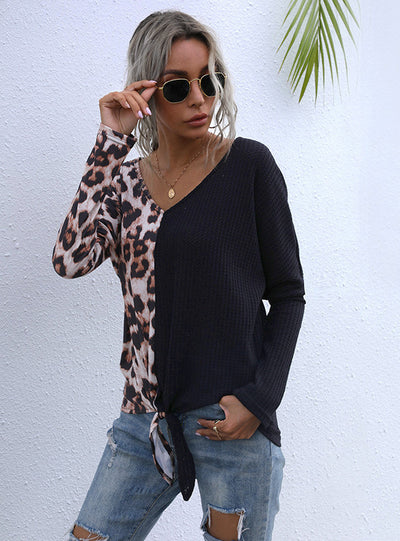 Black Leopard Print Shirt Knitted Base T-shirt