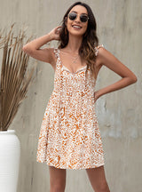 V-neck Print Lace-up Short Dress