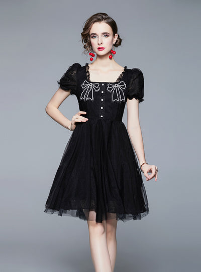 Black Lace Embroidered Bow Short Sleeve Dress