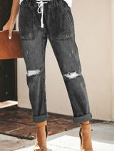 Trousers Elastic Drawstring Holes Jeans