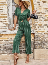 Short Sleeve V-neck Polka-dot Jumpsuit