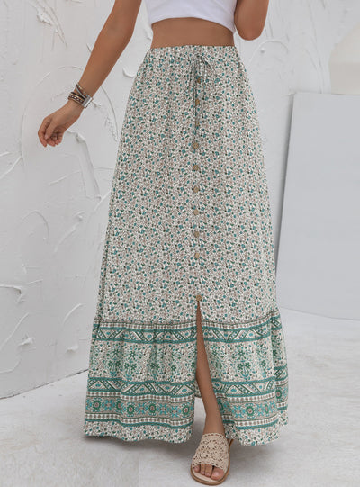 High Waist Print Button-down Split Skirt