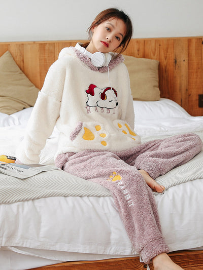 Purple Music Pig Coral Velvet Pajamas Thicken Warm Cationic