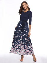 Round Neck Cropped Sleeve Long Printed Dress