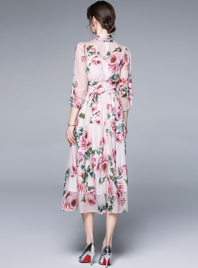 Printed Lantern Sleeve Slim Chiffon Dress