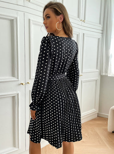 Sleeve Retro Polka-dot Round Neck Dress