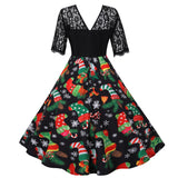 Christmas Lace Stitching Print Dress