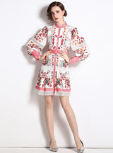 Stand-up Ppenwork Long Sleeve Print Dress