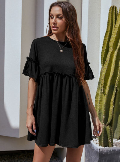 Crew Neck Short Sleeve Wooden Ear Dress