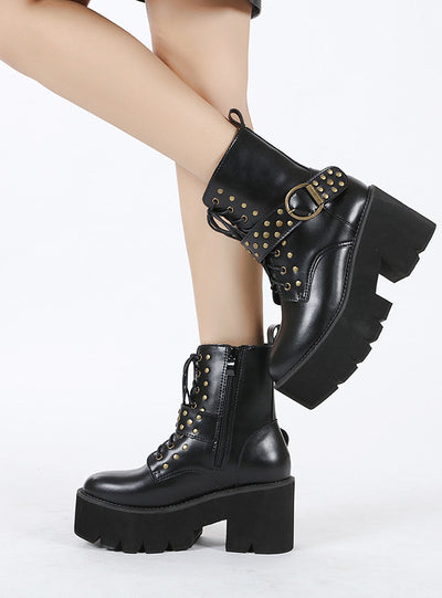 Retro Belt Buckle Rivet Thick Bottom Side Zipper Booties